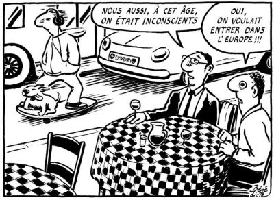 « ― Nessa idade, nós também éramos inconscientes» « ― É verdade, queríamos até aderir à União Europeia» by Bénédicte, desenhista suíça