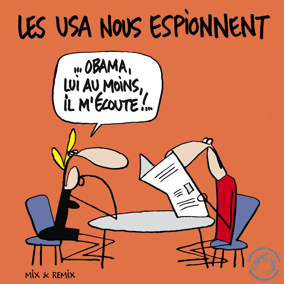 Espionagem americana "Obama, pelo menos, me escuta!" by Mix & Remix, desenhista suíço