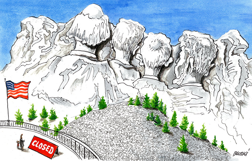 Mount Rushmore e suas estátuas durante o shutdown by Burki, desenhista suíço