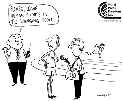 Queira deixar os direitos humanos no vestiário, se faz favor. by Michel Cambon, desenhista francês