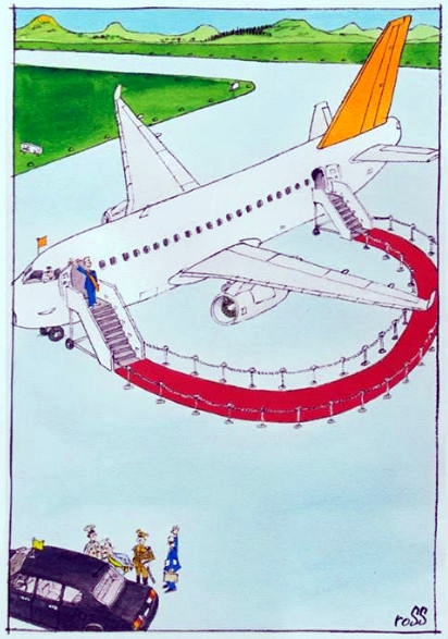 Visita curta ― saguão de aeroporto desnecessário by Ross Thomson, desenhista inglês 