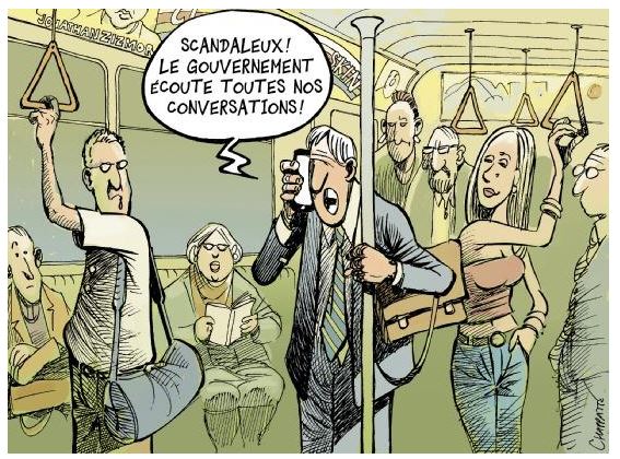 É um escândalo! O governo escuta todas as nossas conversas! by Patrick Chappatte, desenhista suíço