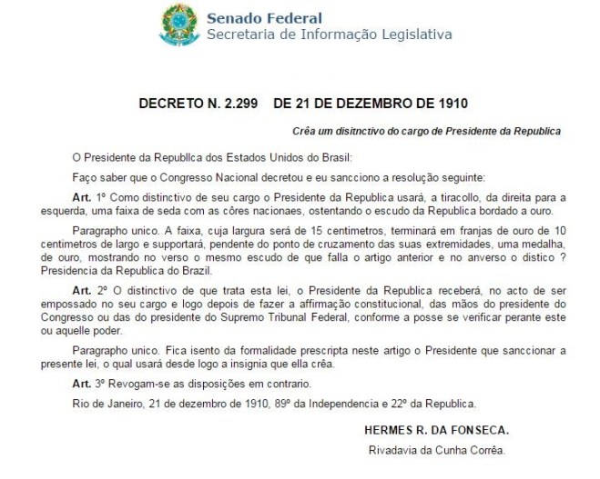 Decreto de 1910 que institui a faixa presidencial.