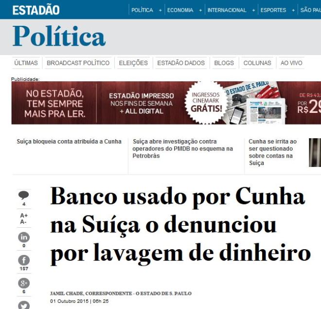 Chamada do Estadão, 1° out° 2015