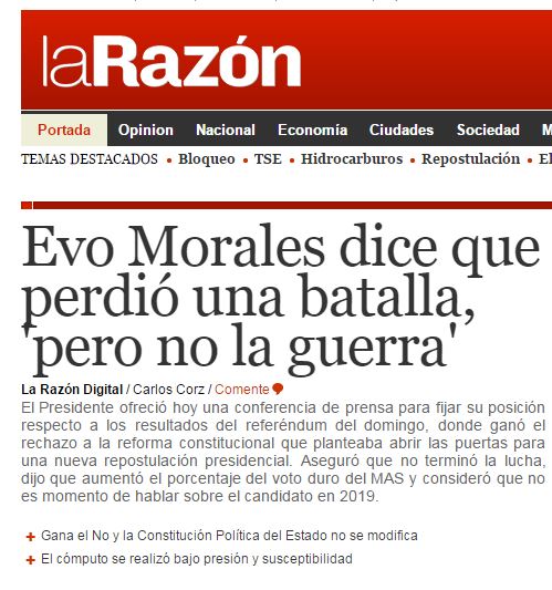 Chamada do jornal boliviano La Razón, 24 fev° 2016