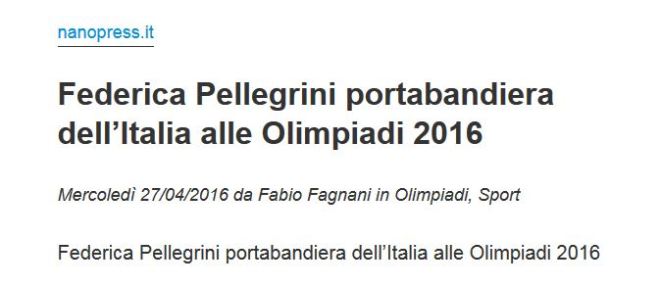 Federica Pellegrini, porta-bandeira da Italia nas Olimpíadas 2016