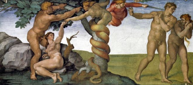 by Michelangelo Buonarroti (1475-1564), artista italiano O pecado original e a queda (Capela Sistina)